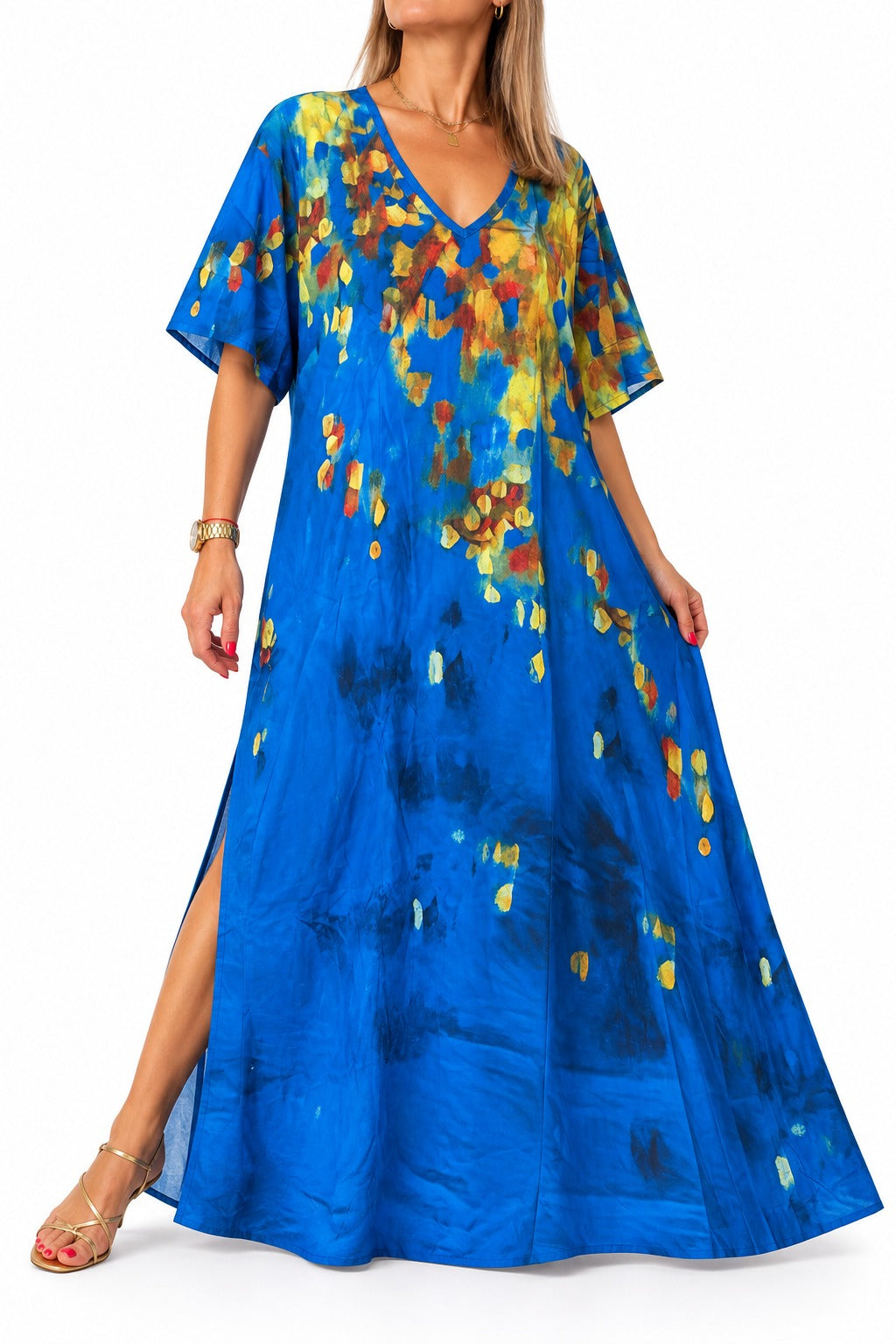 Vestido escote V estampado azul con hojas
