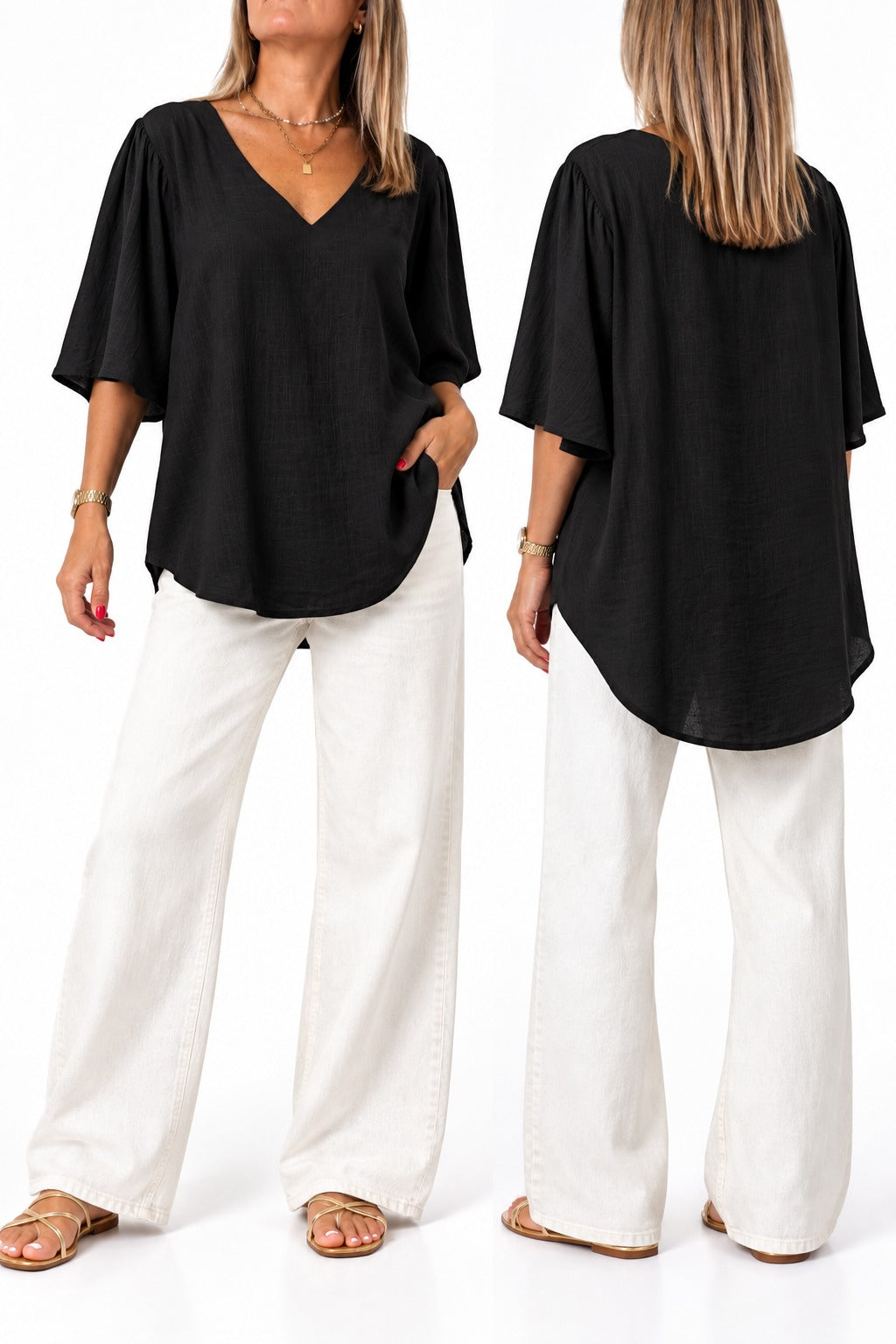 Blusa en lino escote V Negro