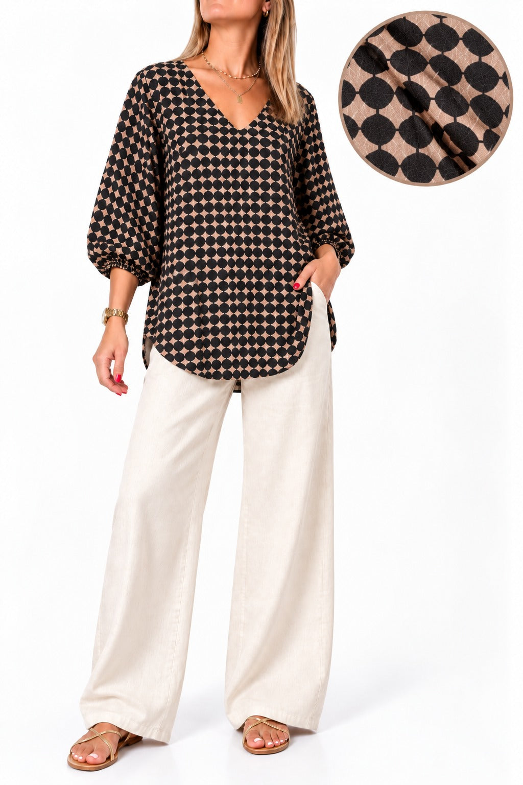 Blusa diseño manga 3/4 escote V Cuadros negro