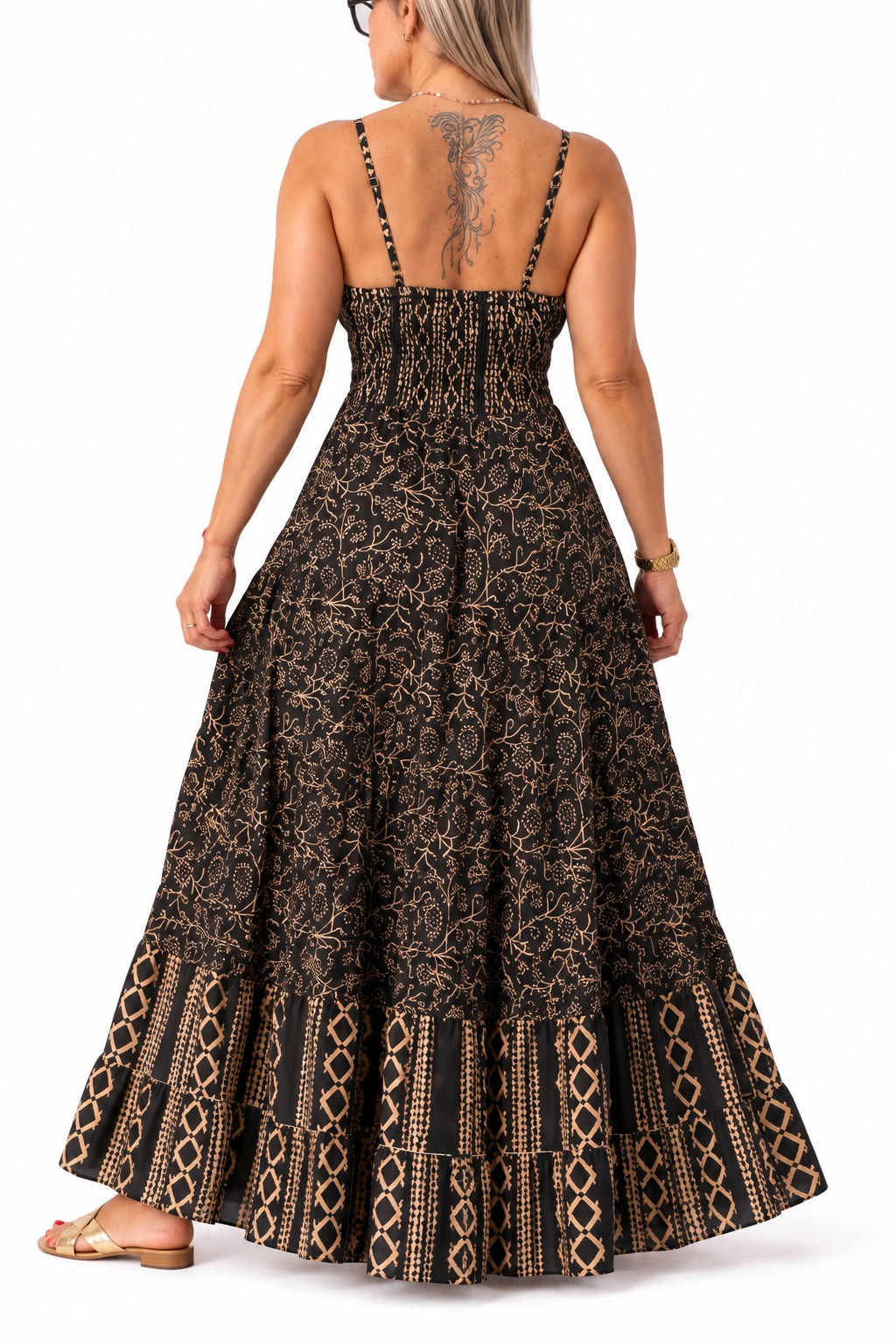 Vestido solera de la India espalda elastizada Negro estampado