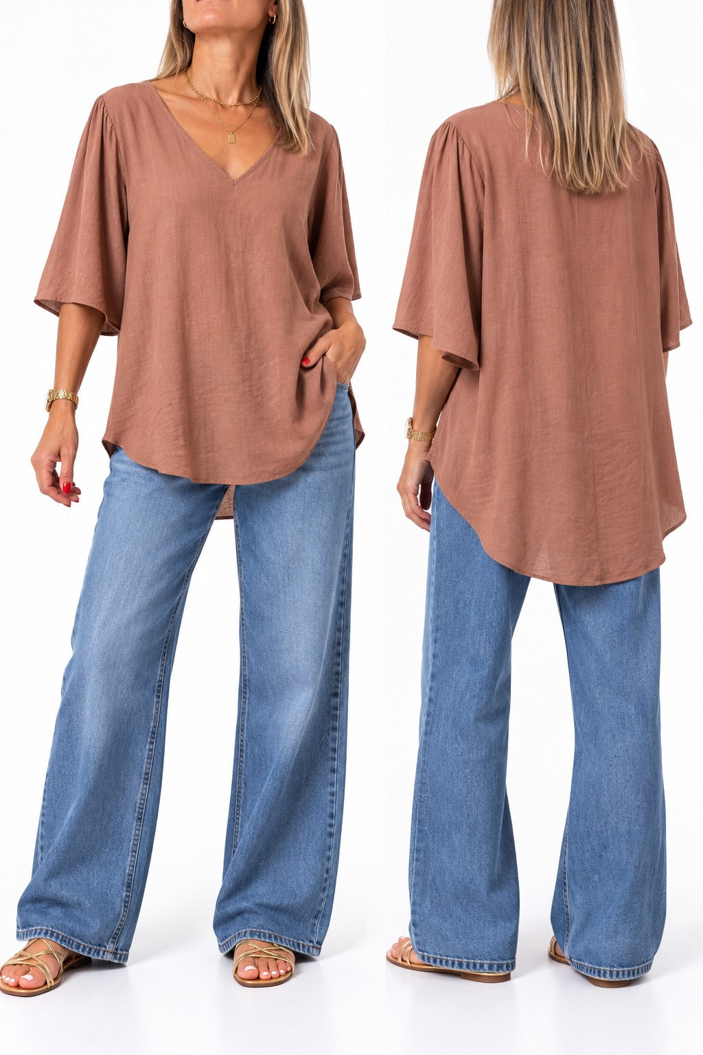 Blusa en lino escote V Terracota