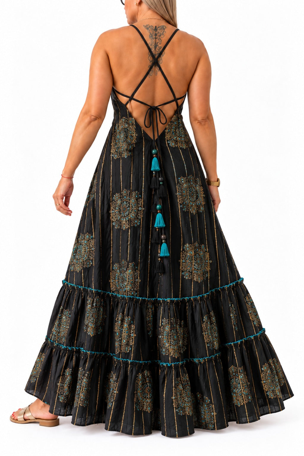 Vestido de la India en bambula forrado Negro con borlas