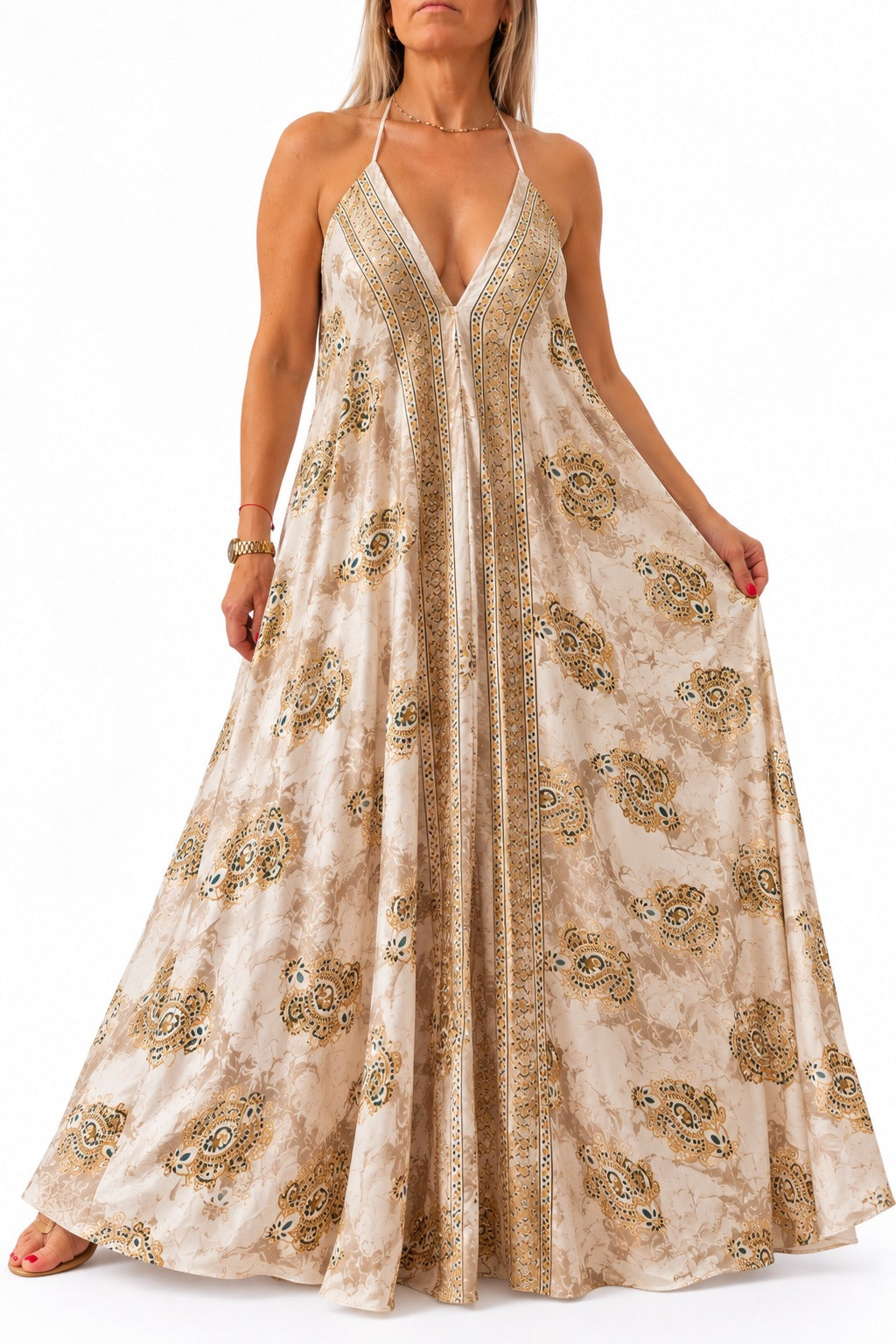 Vestido en seda espalda descubierta Beige