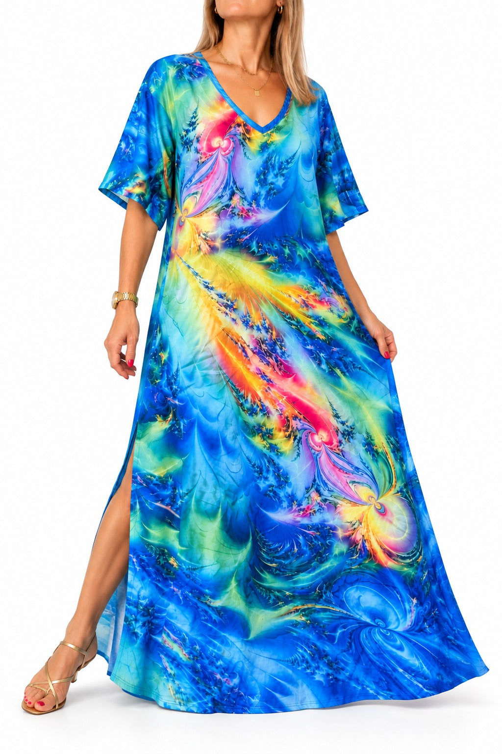 Vestido escote V estampado azul fantasía