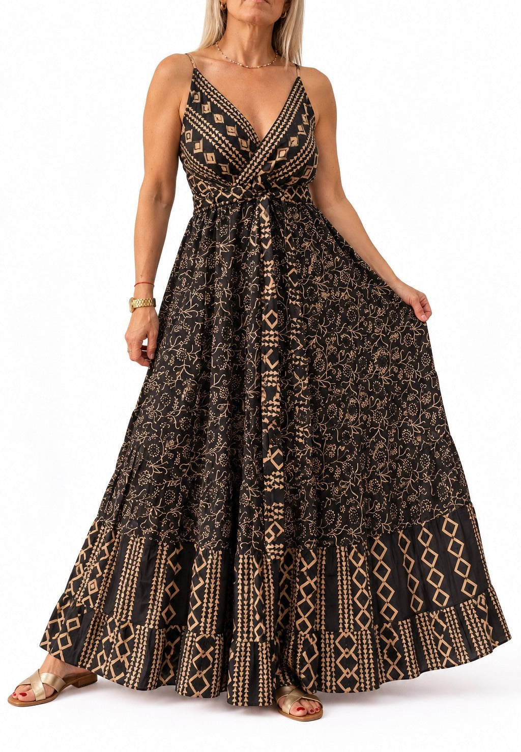 Vestido solera de la India espalda elastizada Negro estampado