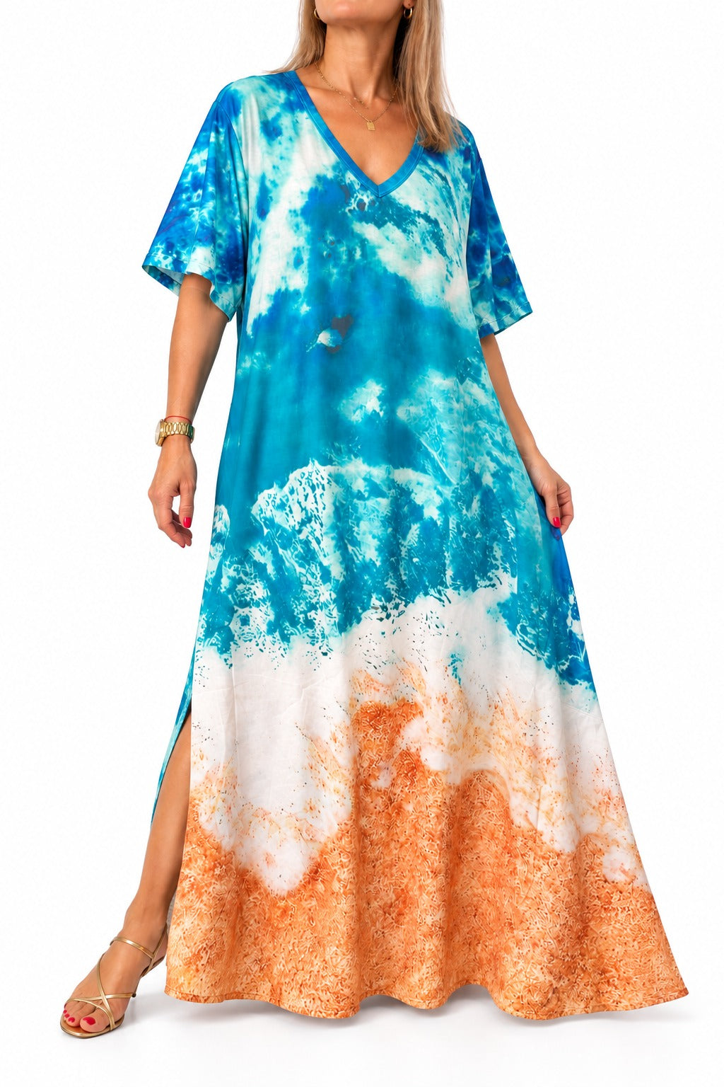 Vestido escote V estampado turquesa y naranja