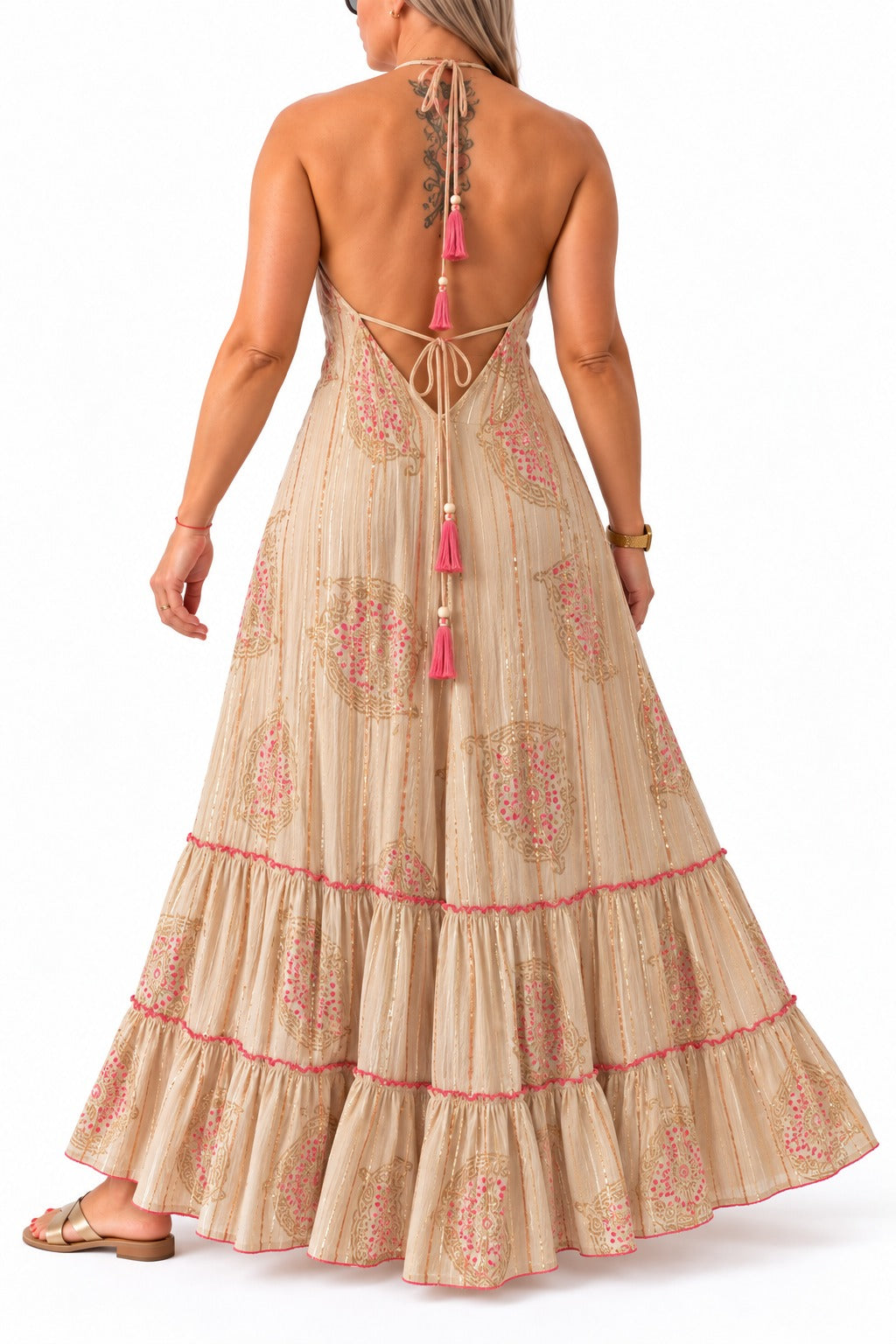 Vestido de la India en bambula forrado Beige rosado