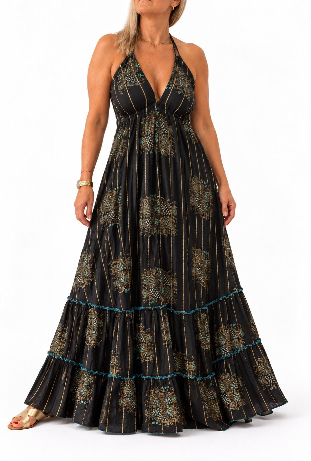 Vestido de la India en bambula forrado Negro con borlas