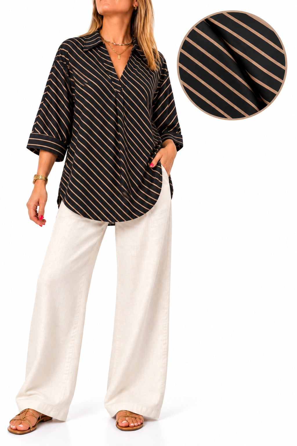 Blusa diseño manga 3/4 escote V con cuello Rayas negro