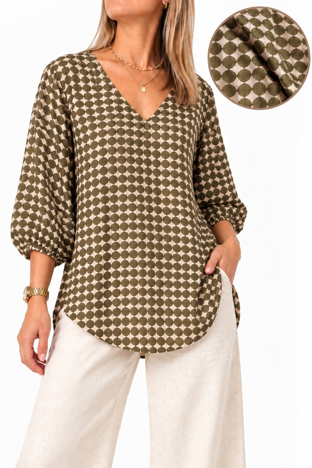 Blusa diseño manga 3/4 escote V Verde geométrico