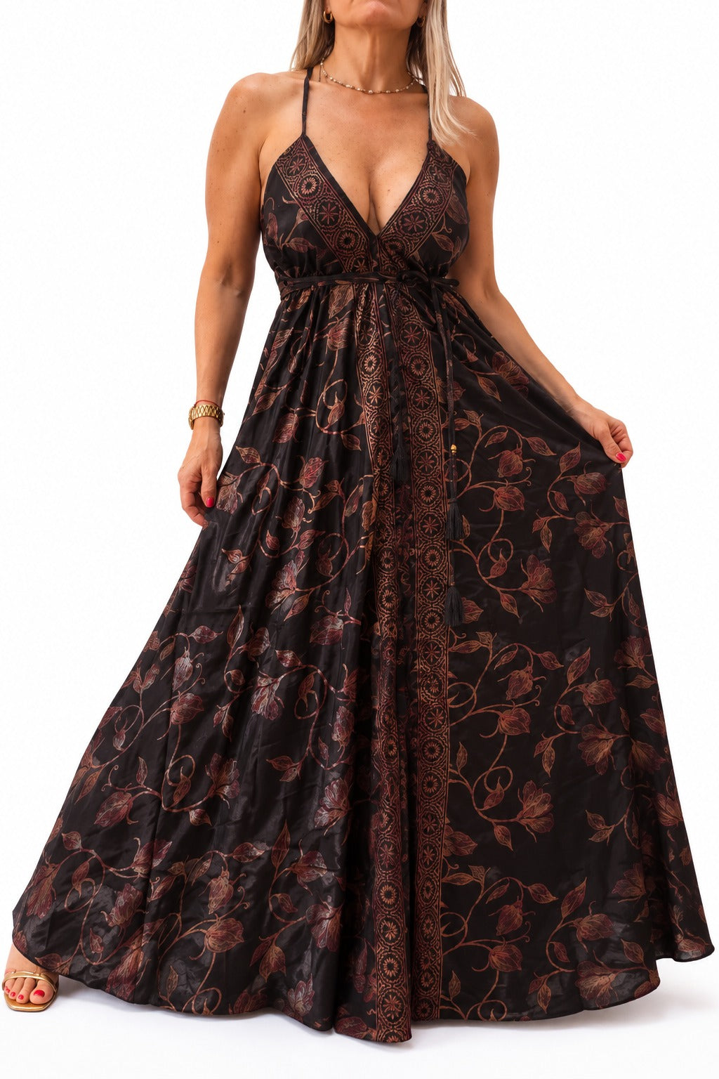 Vestido en seda espalda descubierta Bordó y negro
