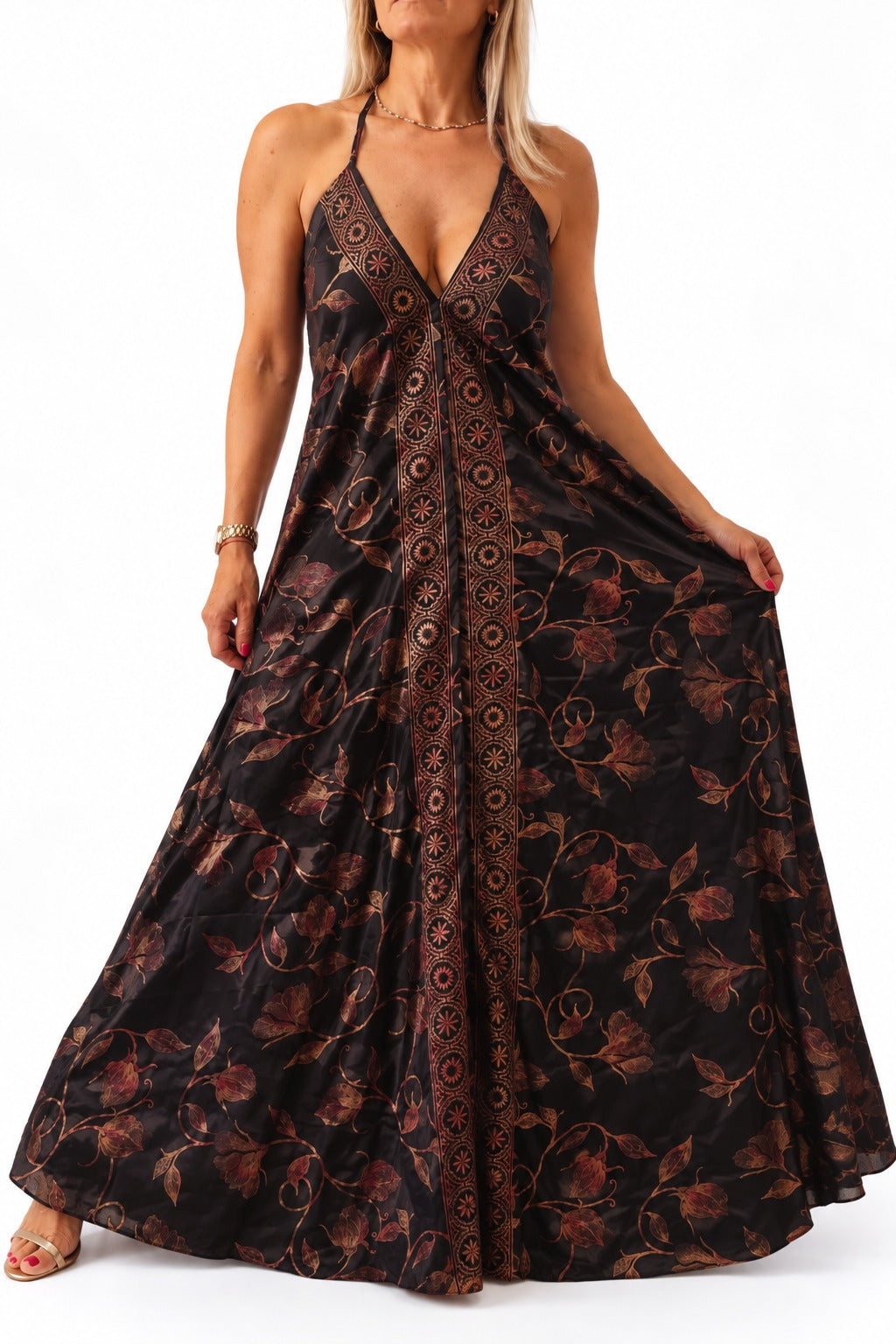 Vestido en seda espalda descubierta Bordó y negro