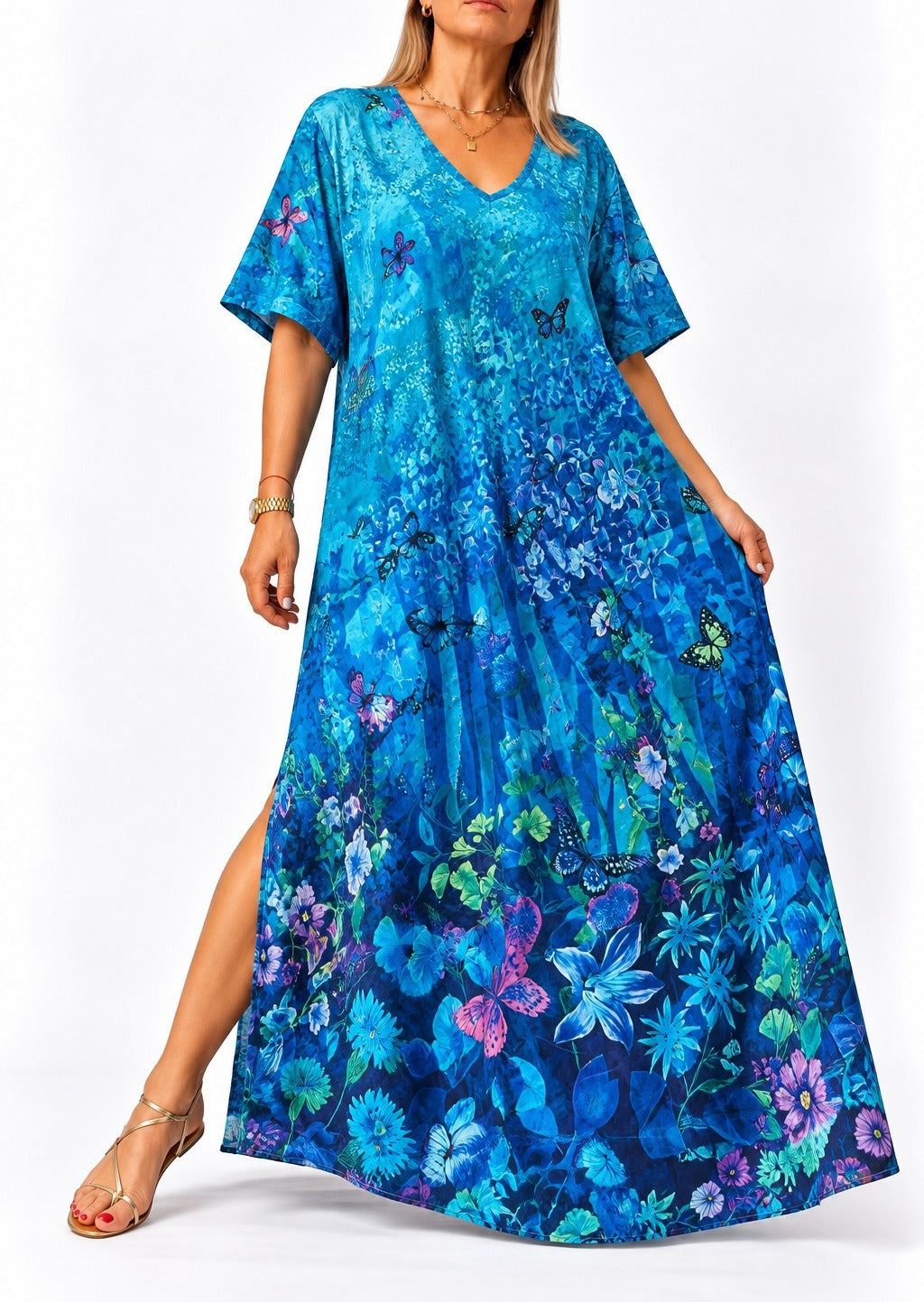Vestido escote V estampado azul floral