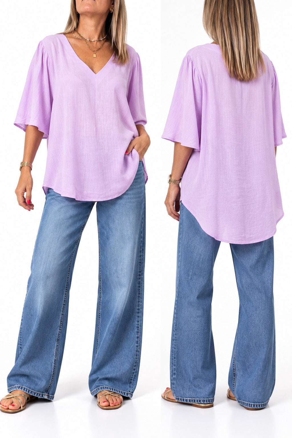 Blusa en lino escote V Lila