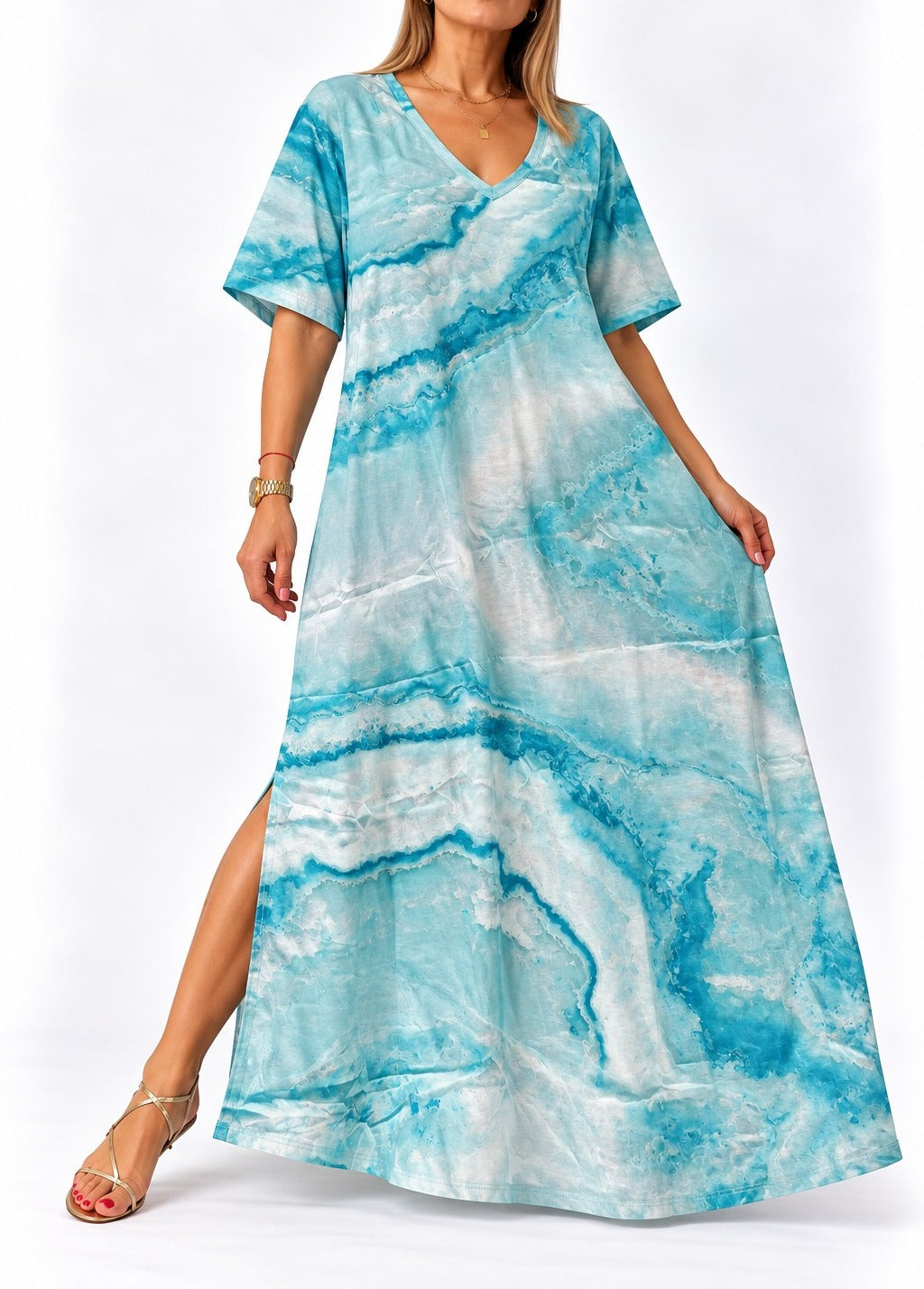 Vestido escote V estampado celeste mármol