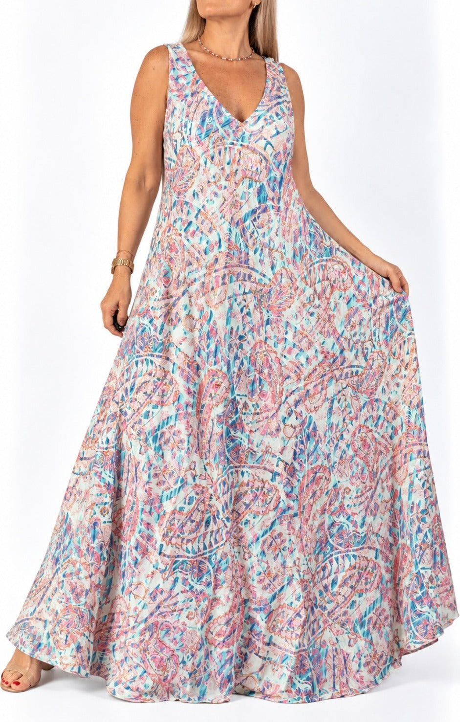 Vestido en seda de la India con escote V
