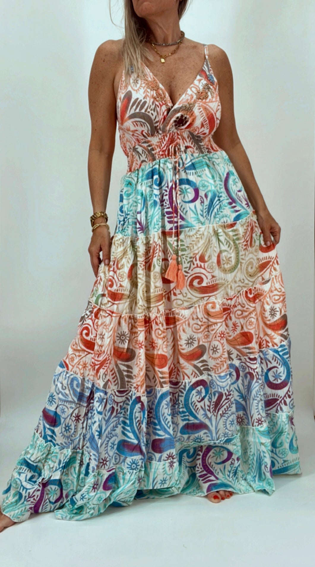 Vestido solera de la India en bambula espalda elastizada