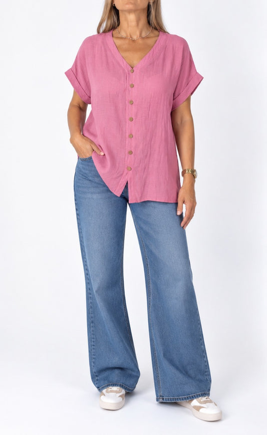 Blusa azul de escote V tipo lino asedado