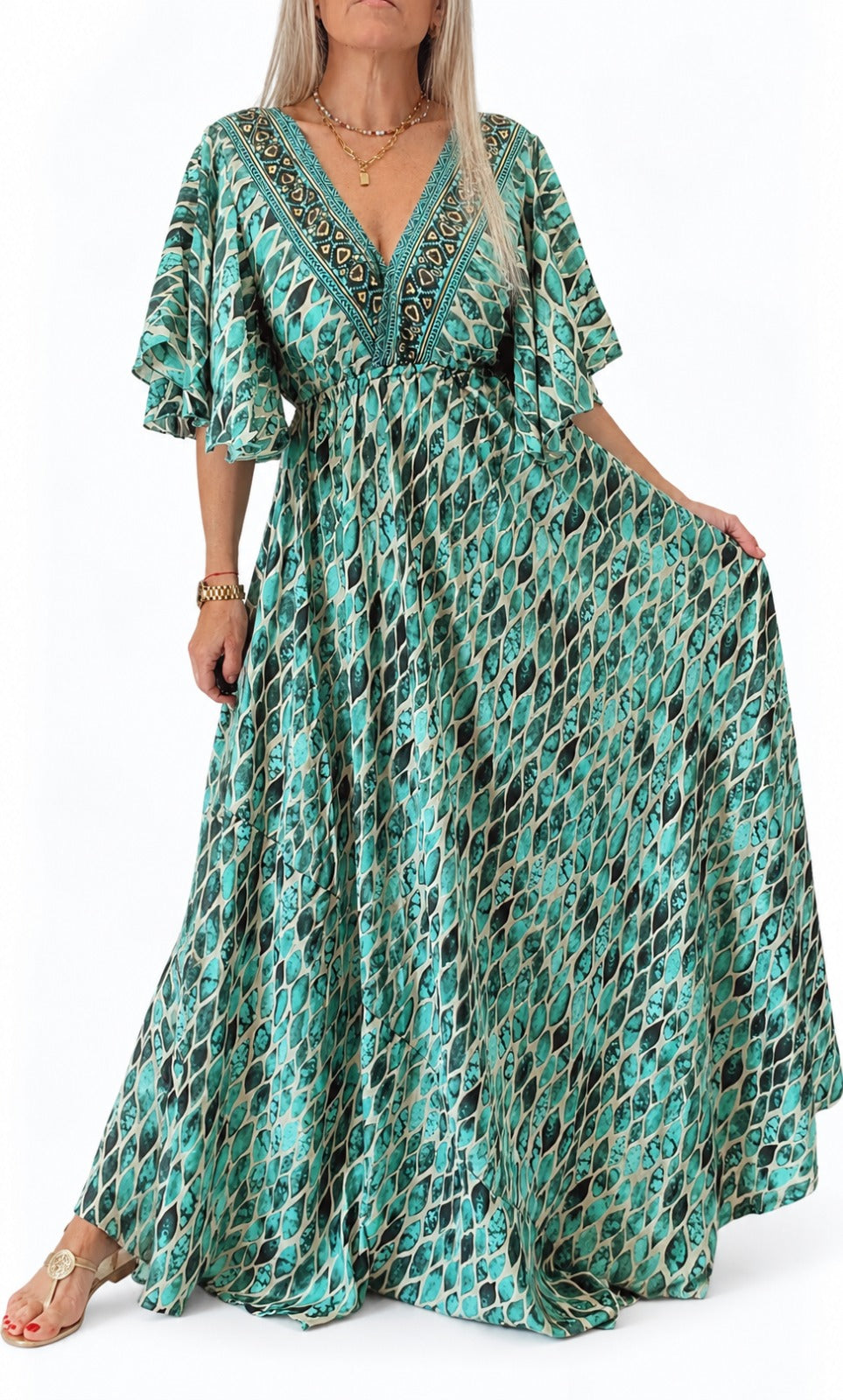 Vestido de seda de la India manga corta con escote V