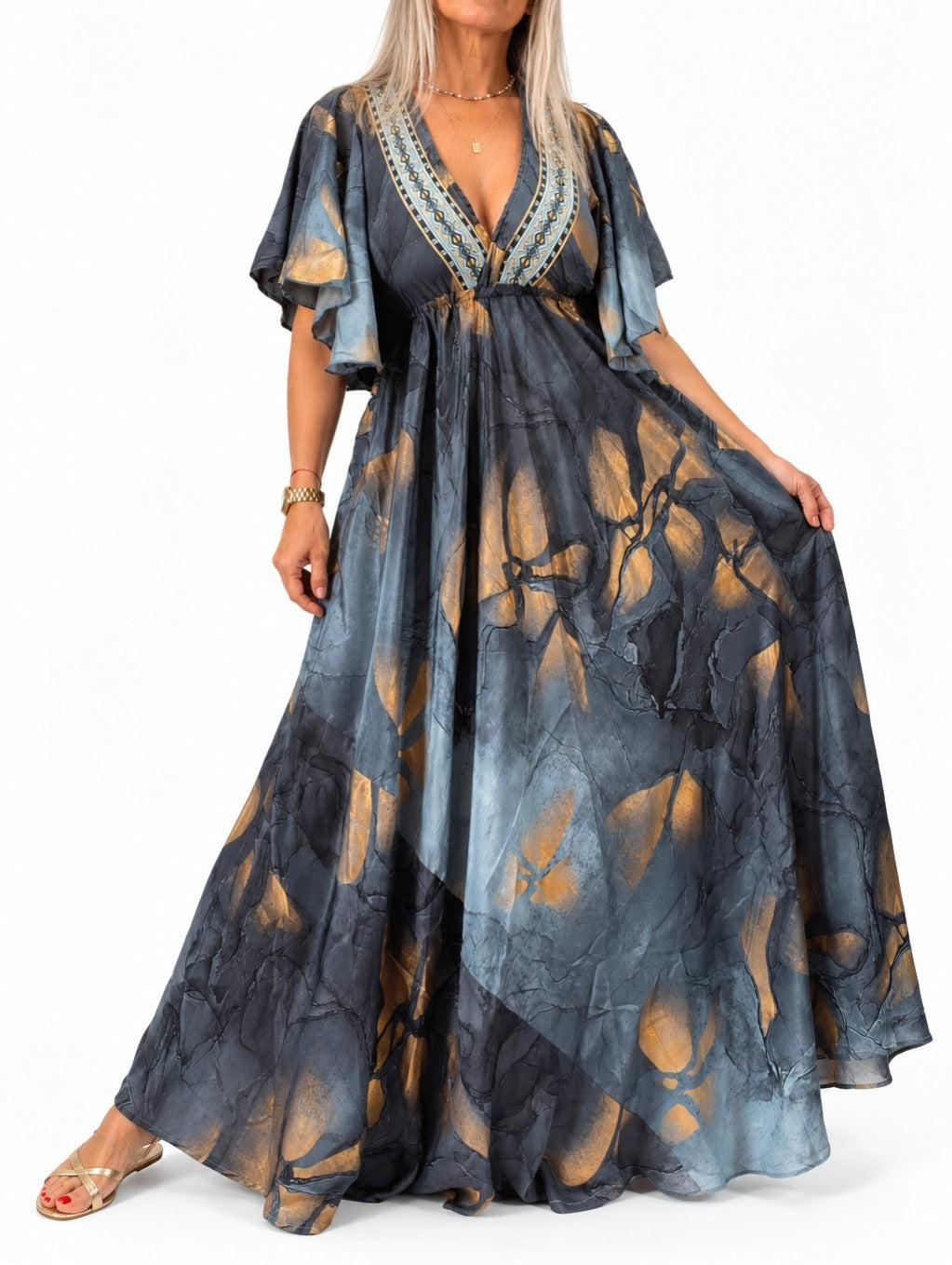 Vestido de seda de la India manga corta con escote V