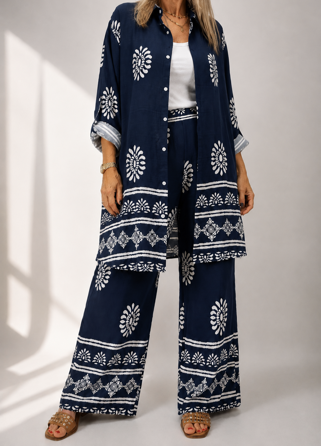 Conjunto camisola y palazzo tipo lino asedado