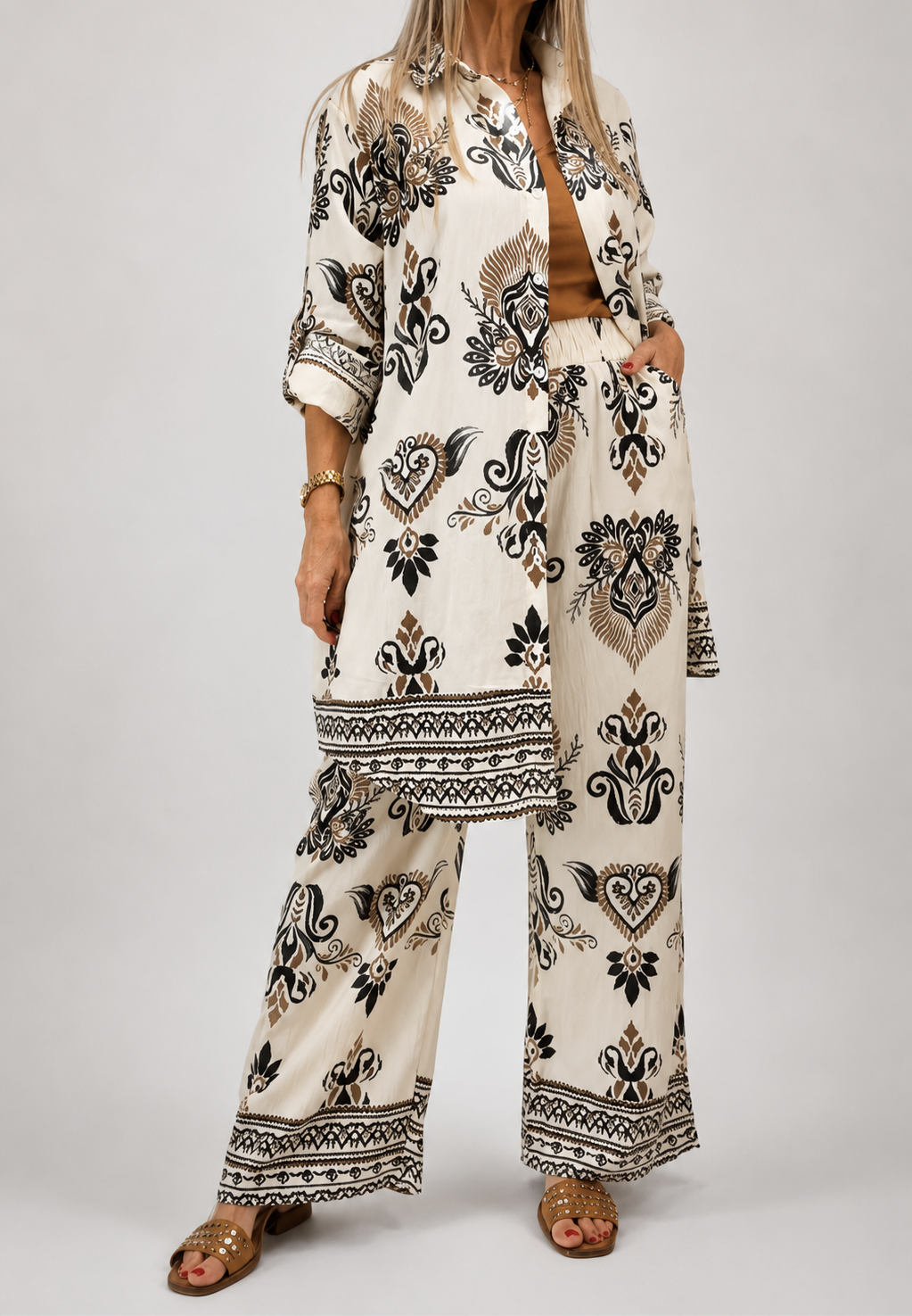 Conjunto camisola y palazzo tipo lino asedado