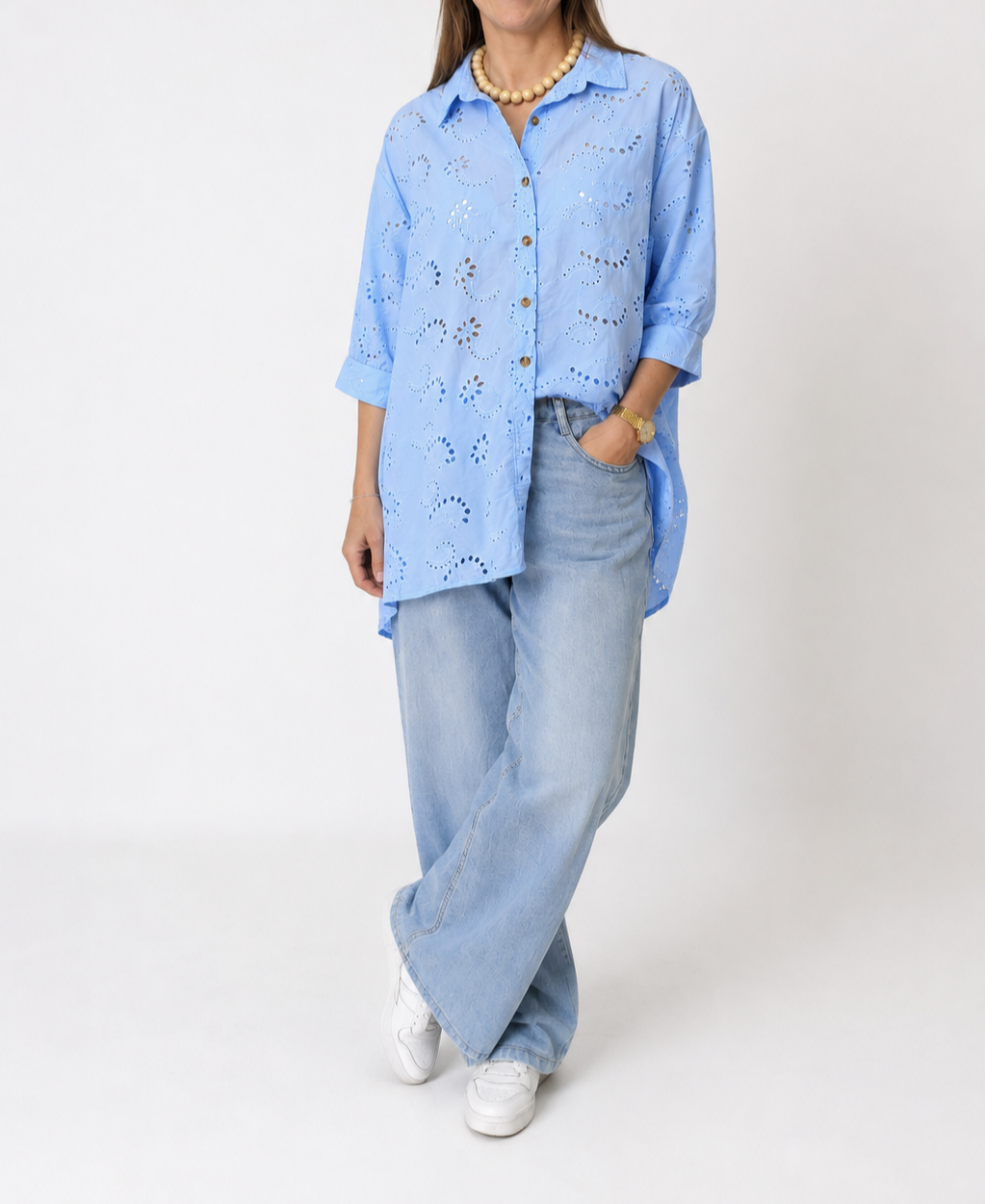 Camisa Broderie Abotonada celeste frente