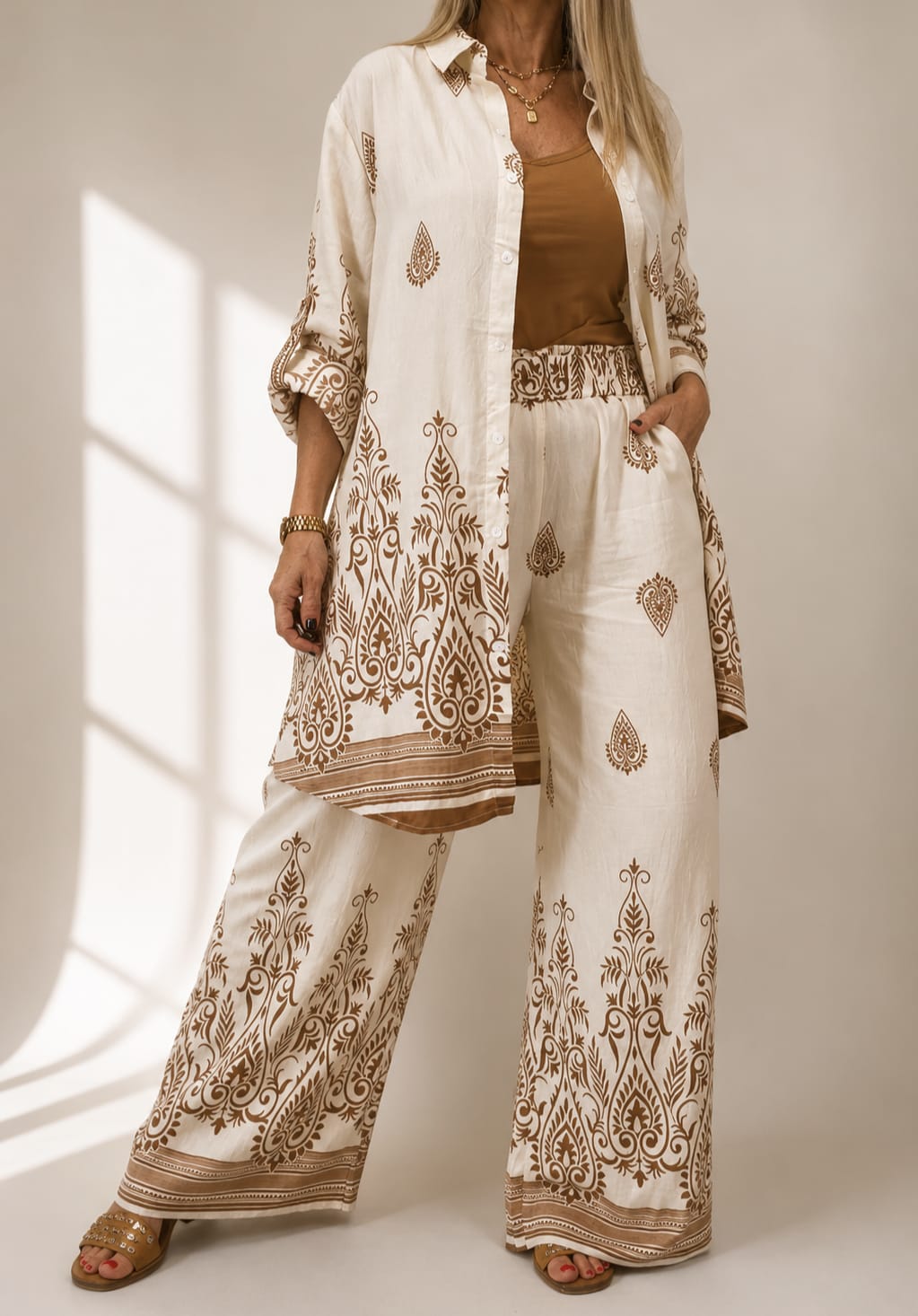 Conjunto camisola y palazzo tipo lino asedado