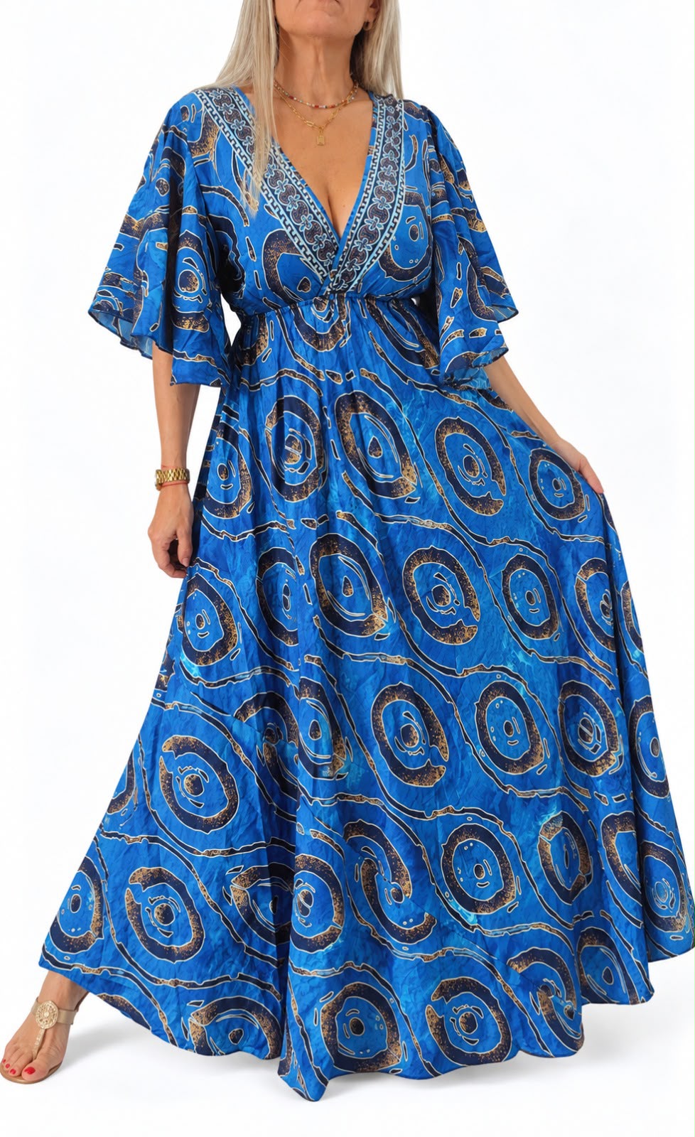 Vestido de seda de la India manga corta con escote V