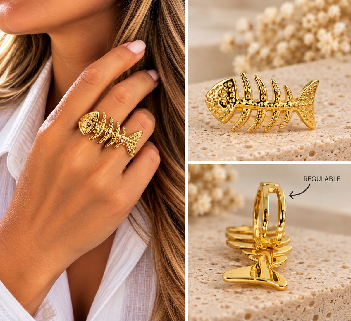 Anillo espina de pez dorado, regulable.