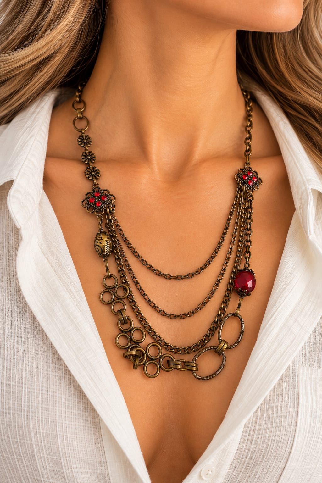 Collar Multicapa bronce y rojo