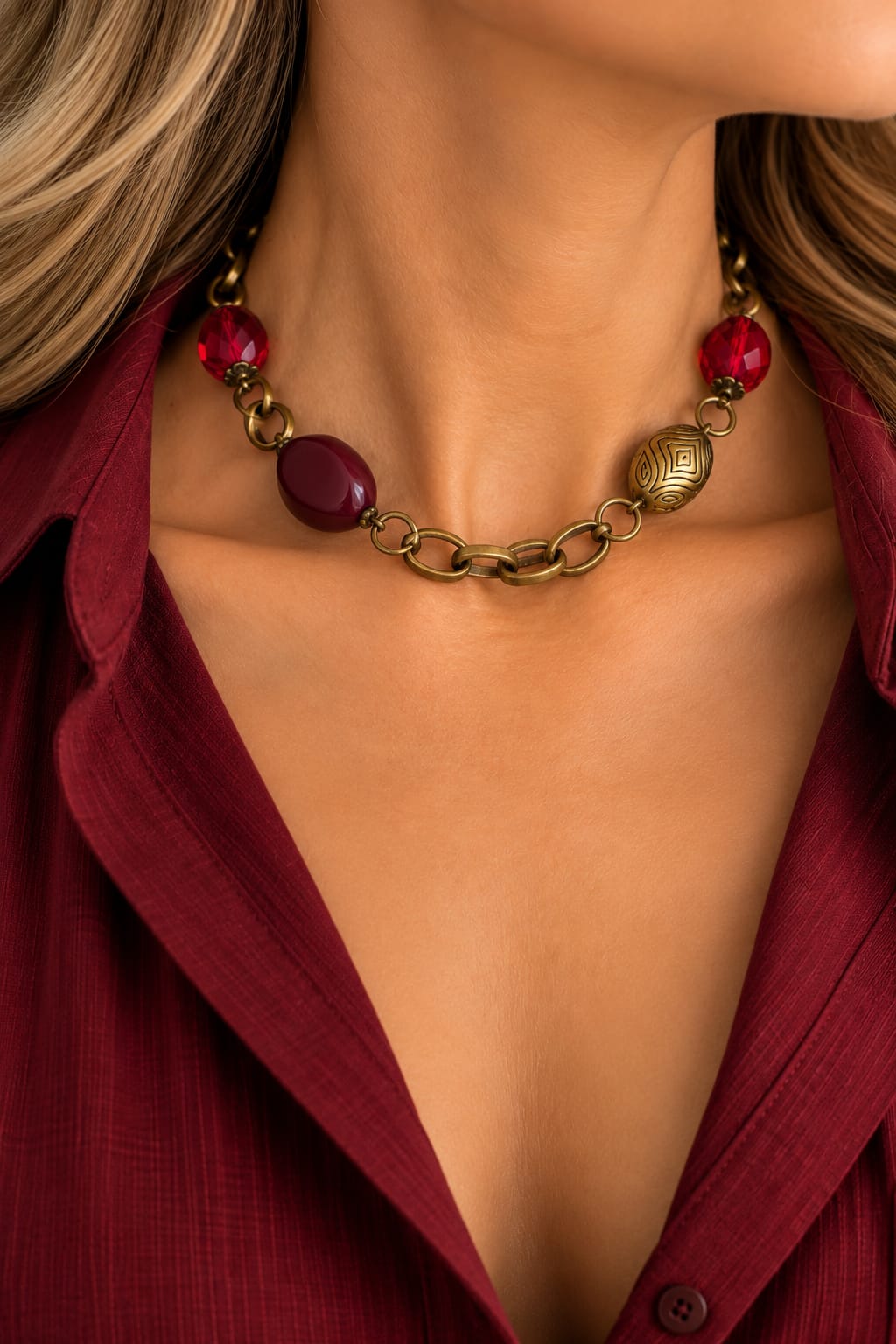 Collar Gargantilla bordó y bronce