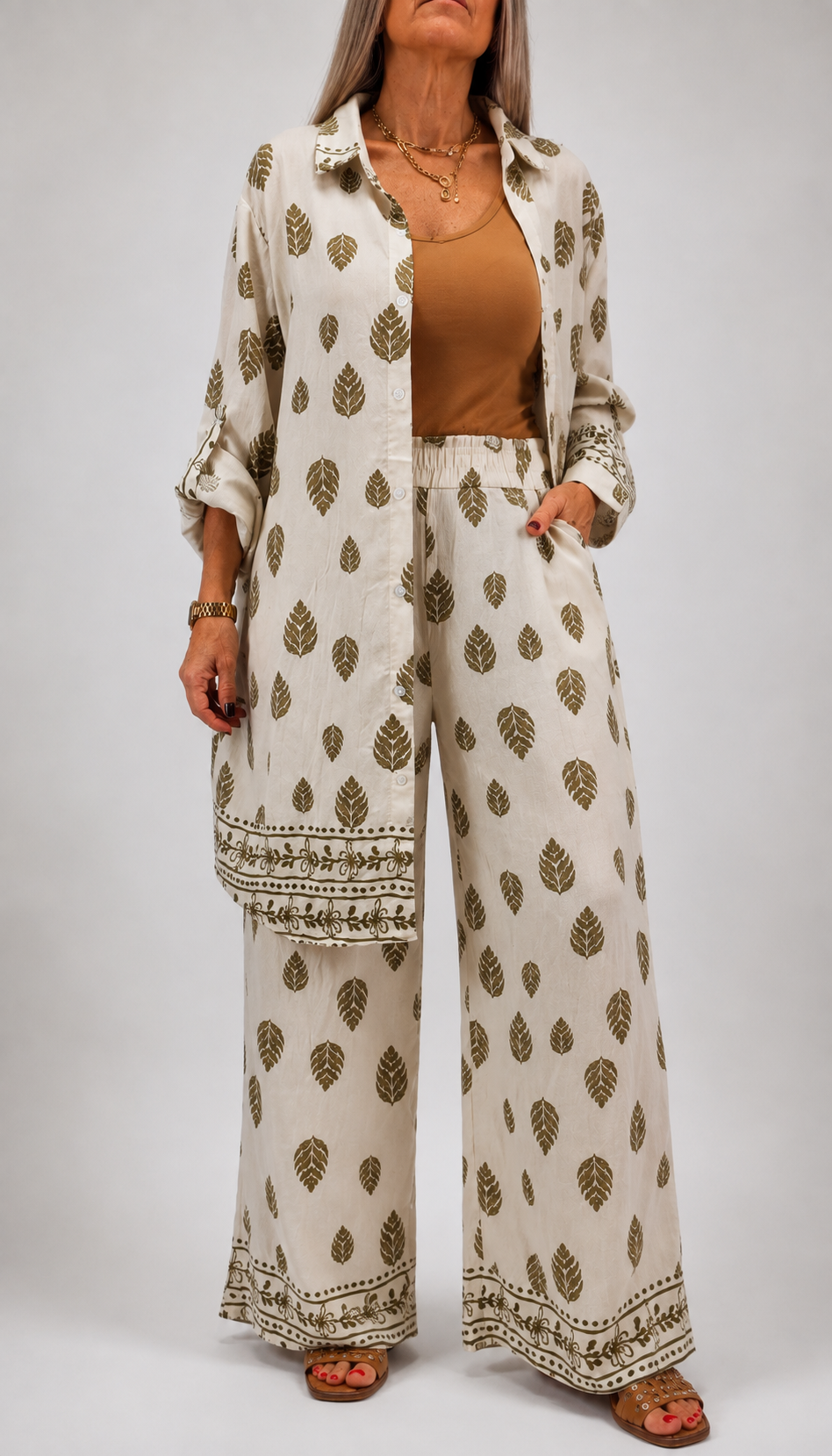 Conjunto camisola y palazzo tipo lino asedado