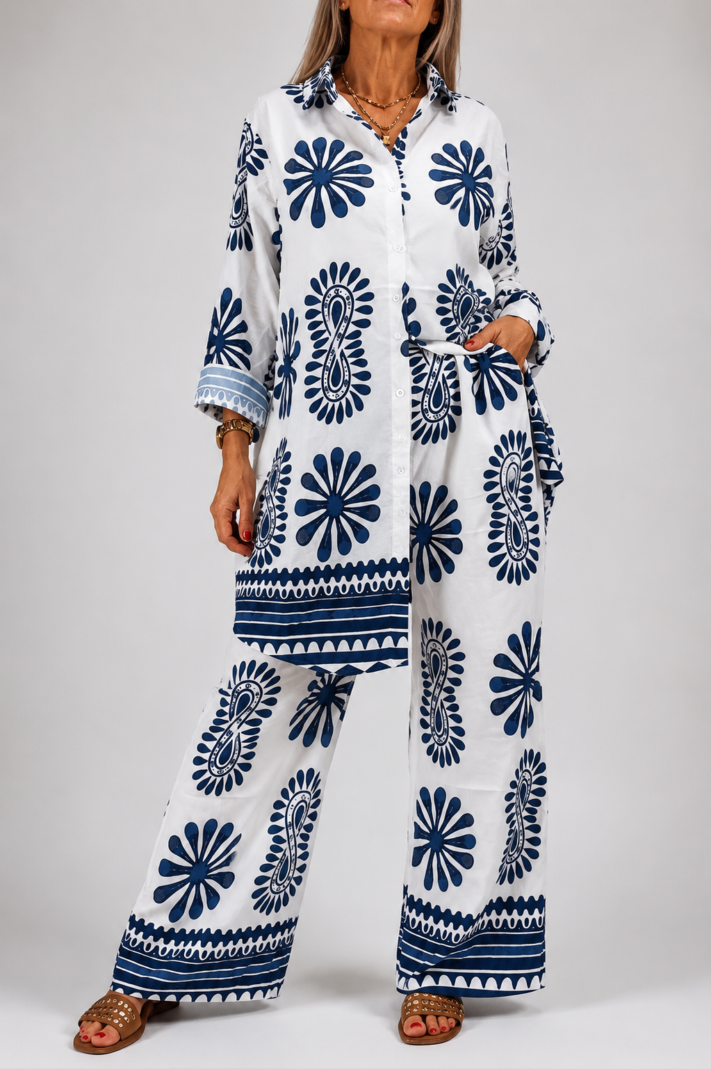 Conjunto camisola y palazzo tipo lino asedado