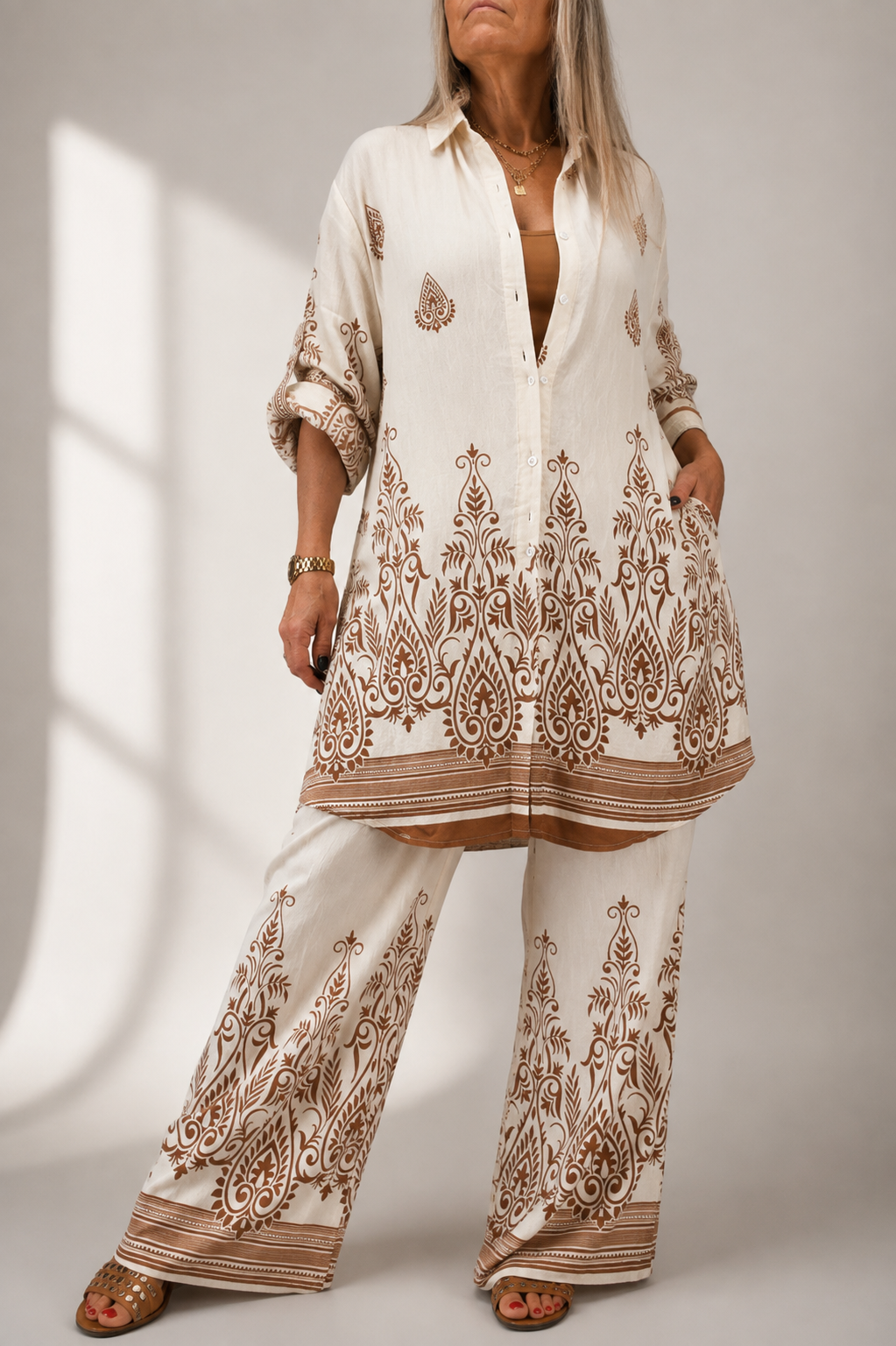 Conjunto camisola y palazzo tipo lino asedado
