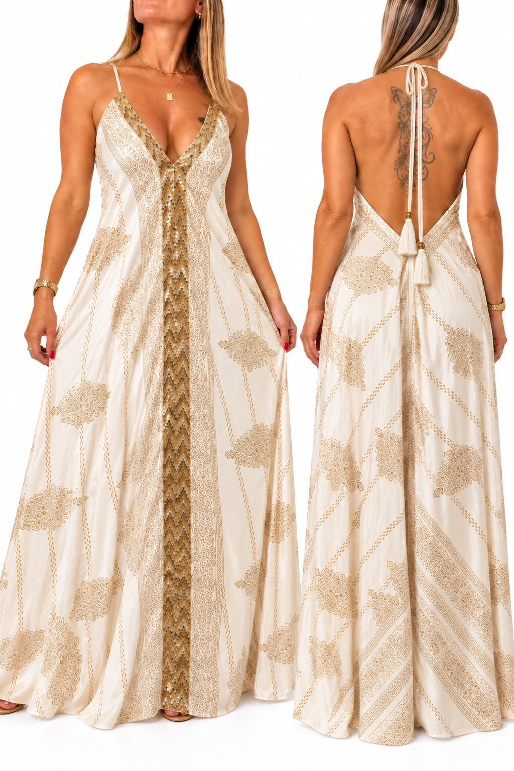 Vestido en seda de la India con brillo espalda descubierta